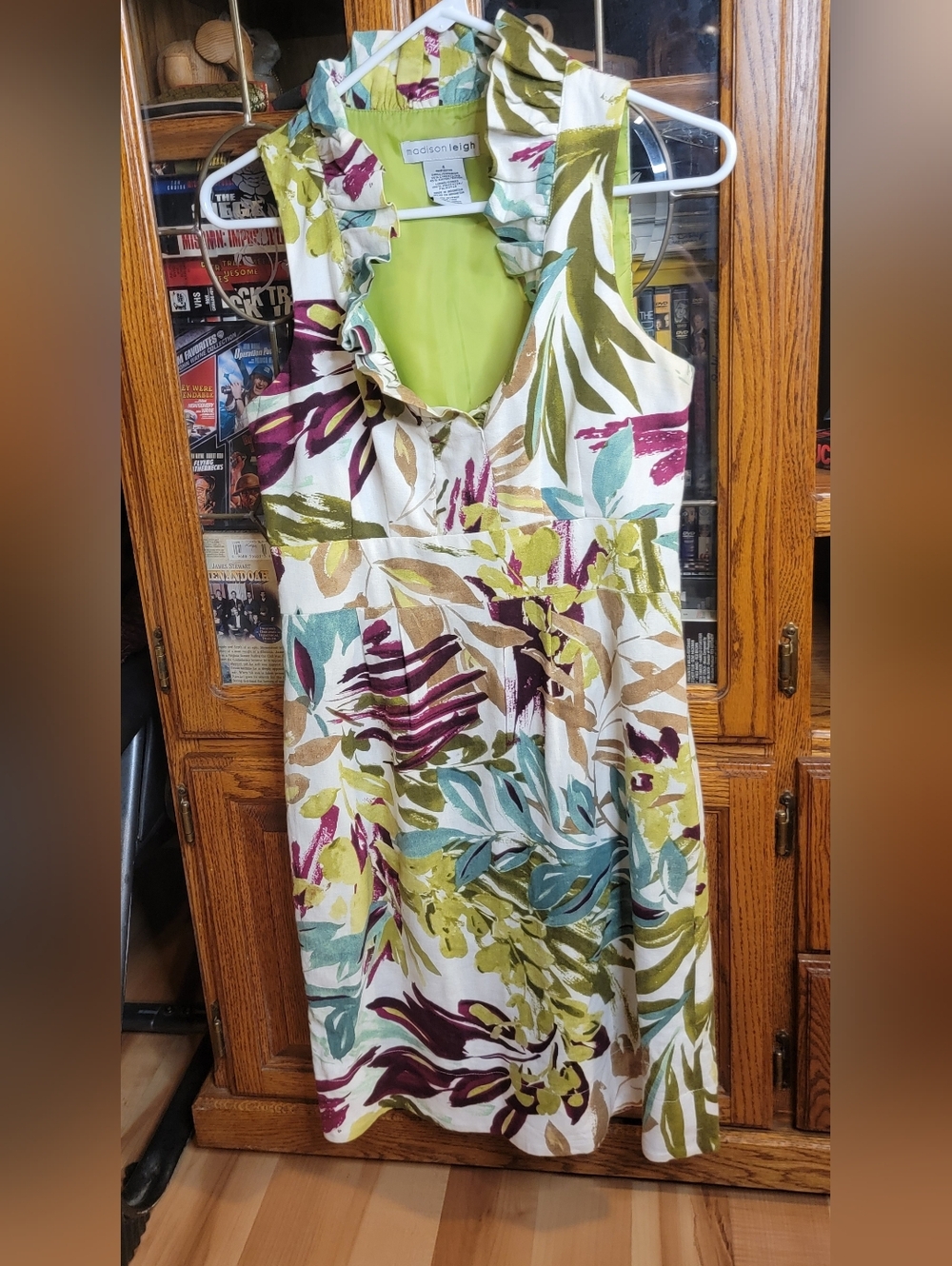 Madison Leigh Sleeveless Floral Print Sundress in White Green & Teal Accents